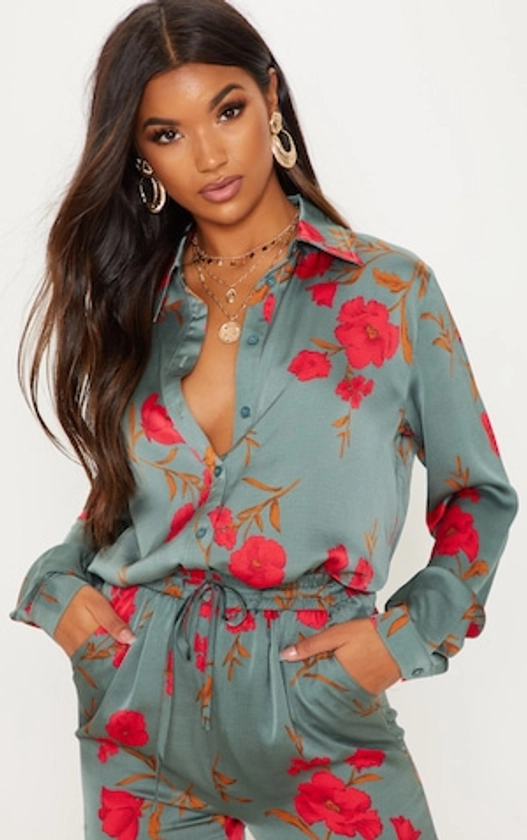 Green Floral Print Oversized Shirt