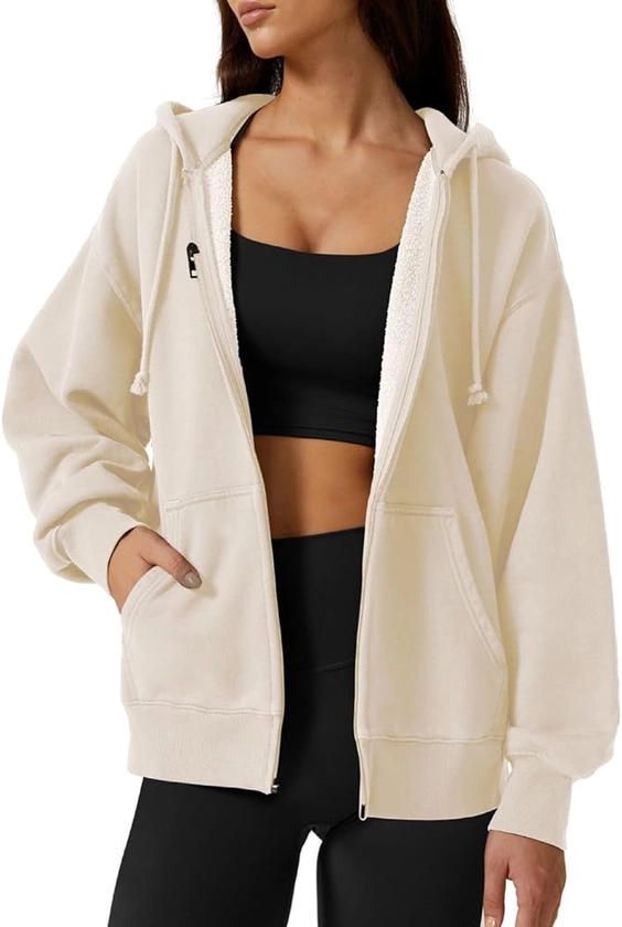 QINSEN Women's Relaxed Zip-Up Hoodie Fall Oversized Sweatshirt Cozy Fleece Jacket with Pocket