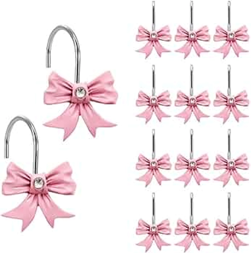 12PCS Decorative Shower Curtain Hooks, Pink Bow Knot Resin Curtain Hooks Shower Rings for Bathroom Baby Room Nursery Art Decors (Bow Knot)