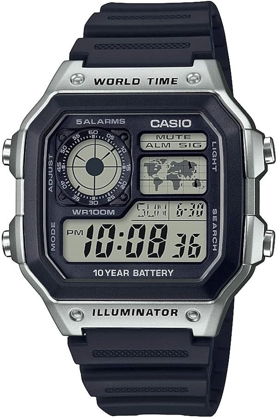Casio AE1200WH Series | Men’s Digital Watch | 100M WR | Multi Alarms | 100 SEC Stopwatch | Countdown Timer | World Map for World Time | LED Light | LC Analog Display | 10 Year Battery
