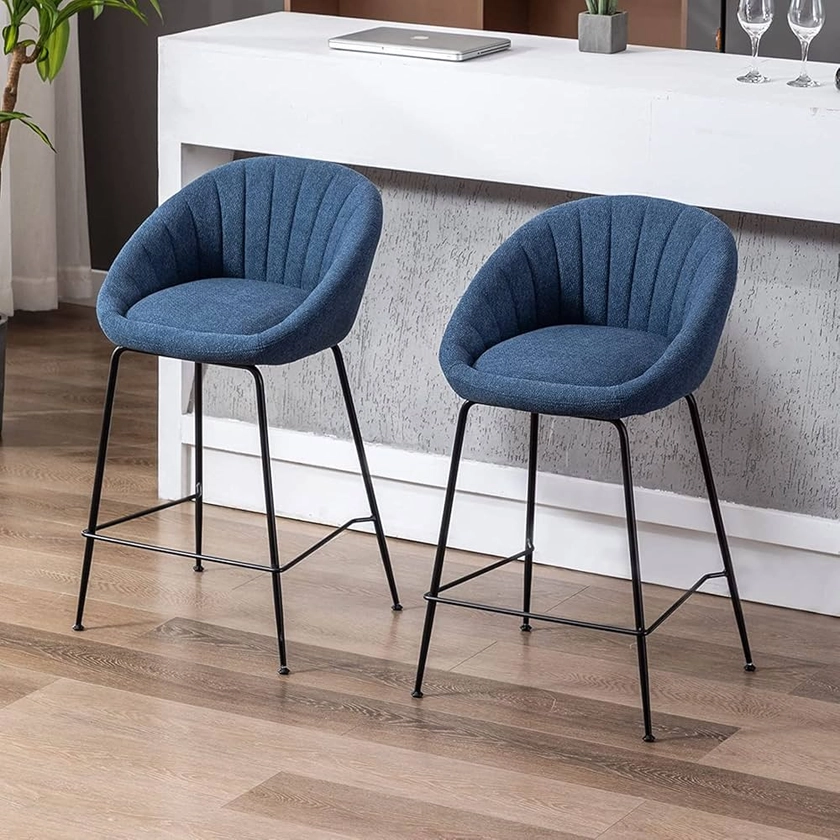 Wahson Lot de 2 tabourets de Bar avec Dossier et Pieds en métal, chaises de Bar Hautes en Tissu pour îlot de Cuisine/Bar (Bleu)