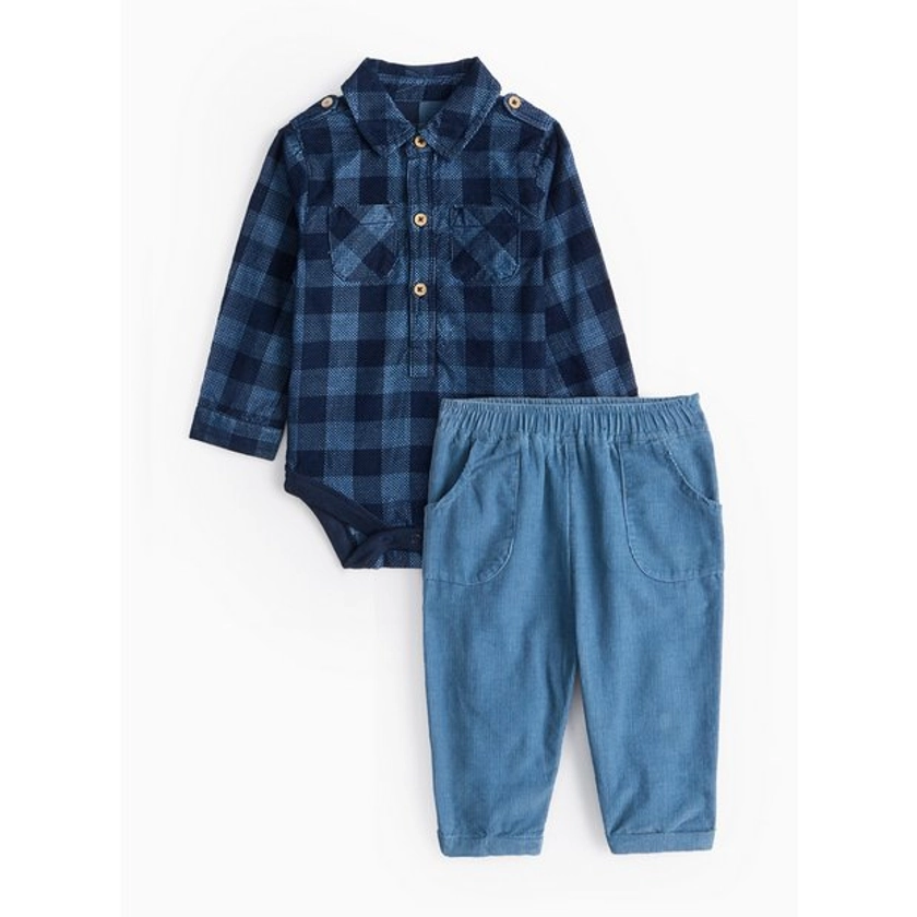 Buy Navy Check Bodysuit & Cord Trousers Set 12-18 months | Outfits and sets | Tu