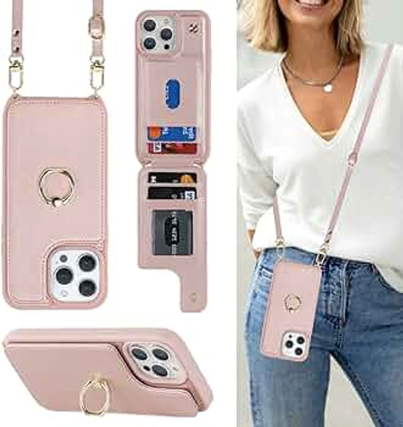 for iPhone 12/12 Pro Case with Card Holder and Strap for Women,Crossbody Lanyard,Kickstand Ring Stand,Snap Clasp,Phone Wallet Cases 6.1 inch(Rose Gold)