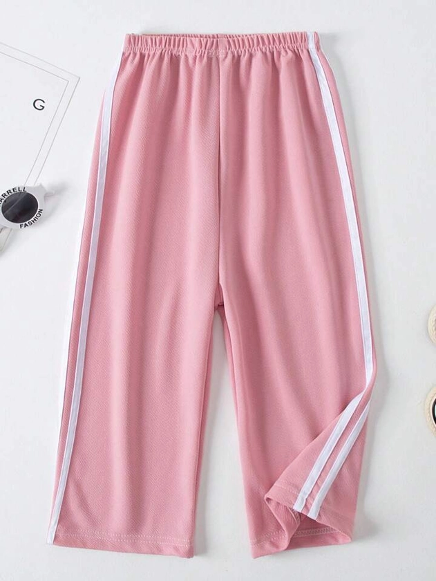 Young Girl's Summer Ice Silk Elastic Waist Patchwork Side Split Casual Pants