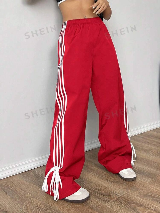 SHEIN EZwear Leisure Color Block Striped Weave Wide Leg Cargo Pants