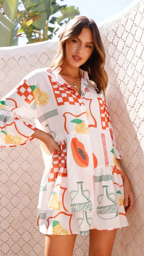 Aceso Asymmetrical Mini Dress - Lemon / Papaya Print - Buy Women's Dresses