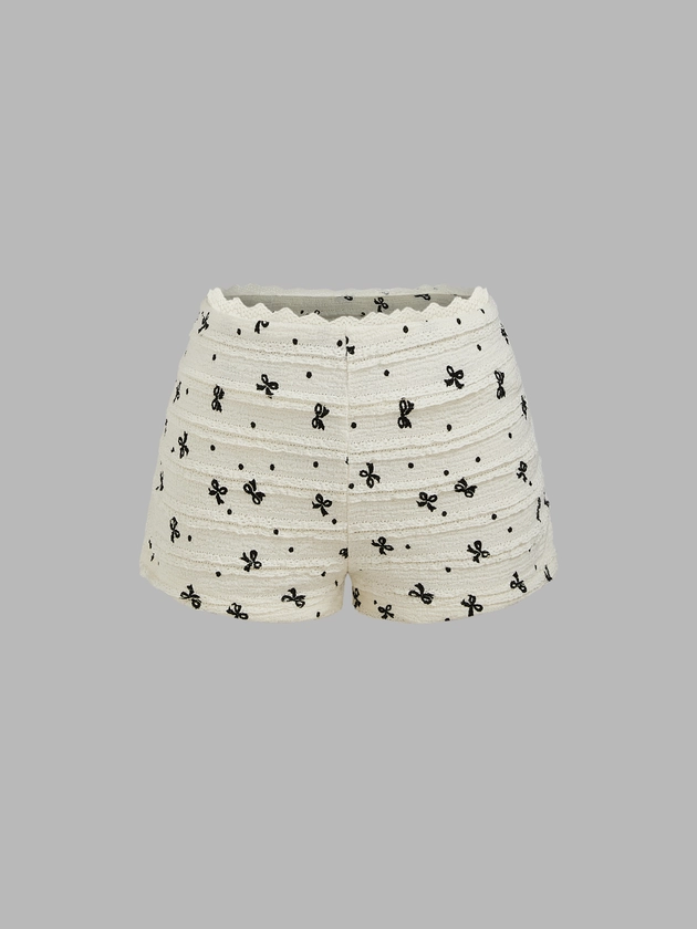 Knit Fabric Low Rise Bowknot & Polka Dot Micro Shorts For Daily Casual