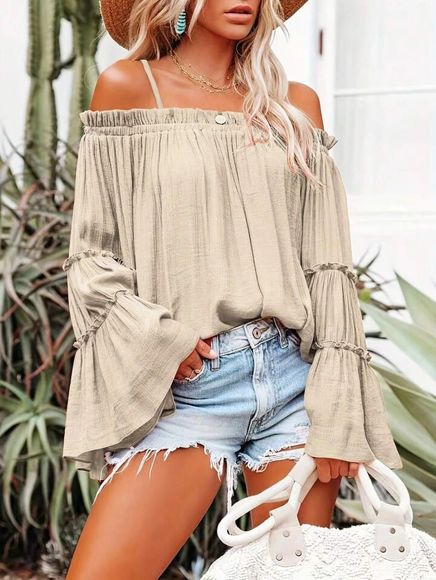 New Arrival Women's Elegant And Fashionable Solid Color Open Shoulder One-Shoulder Long Sleeve Shirt Top | SHEIN USA