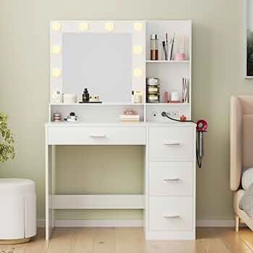 JUMMICO 39.3'' Vanity Desk with LED Lighted Mirror &Power Outlet, Makeup Vanity Table with 4 Large Drawers and 3 Storage Shelves, 3 Model Adjustable Lights for Bedroom & Dressing Room (White)