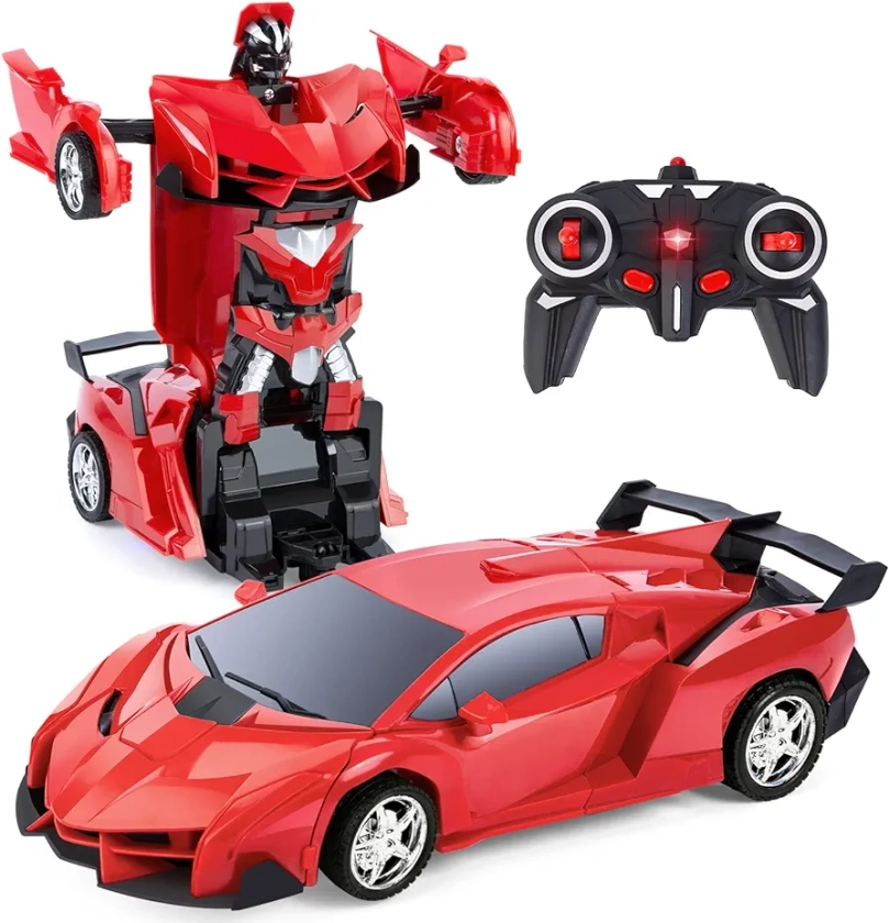 Yellcetoy Remote Control Cars Transforming Toys Robot for Kids Ages 3-12, 2 in 1 LED Light 360° Rotation RC Car Toys Gift for Kids Boys Red