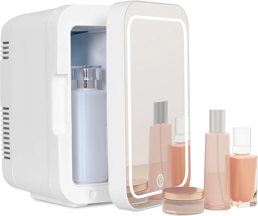 YU YUSING Mini Frigo Cosmétique 4L avec Miroir LED, Frigo de Chambre avec Fonction Chaud/Froid, Mini Réfrigérateur Portable, Petit Frigo Cosmétique 12V/220V, Miroir Maquillage pour Voitures (Blanc)