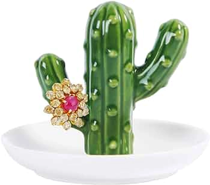 AUTODECO Ceramic Ring Holder Handmade Trinket Dish for Jewelry Display Great Birthday Wedding Festival Gifts for Women, Green Cactus