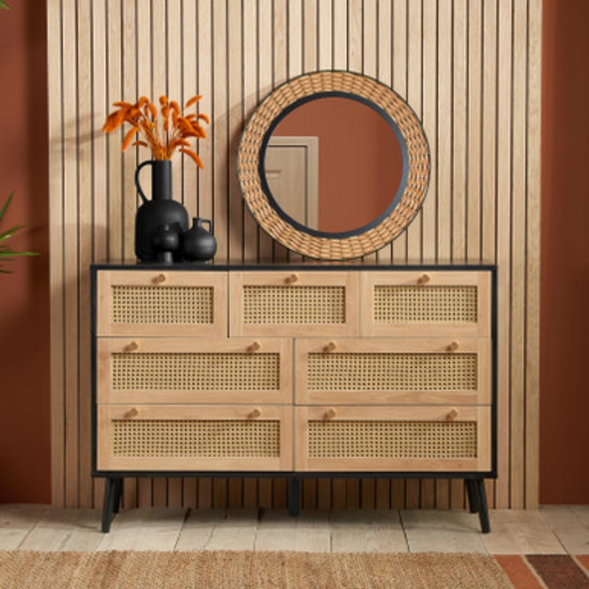 Croxley 7 Drawer Black and Rattan Drawer Chest