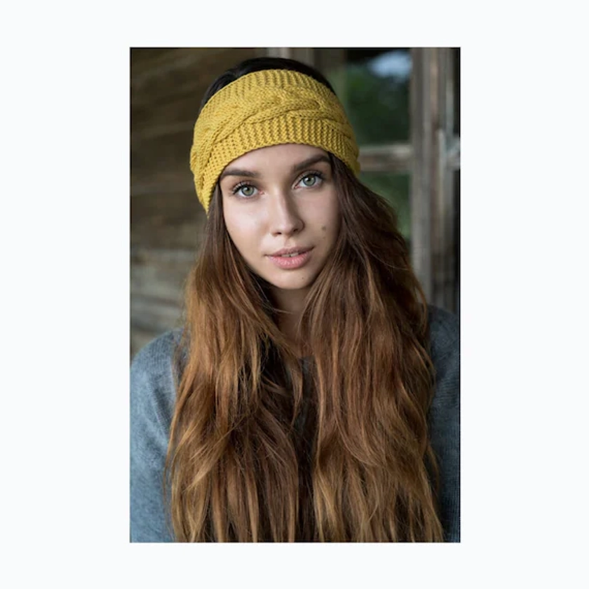 Vintage knitted merino headband, Woman&#39;s hair accessories, Braided hand knit ear warmer, Rustic natural wool headbands