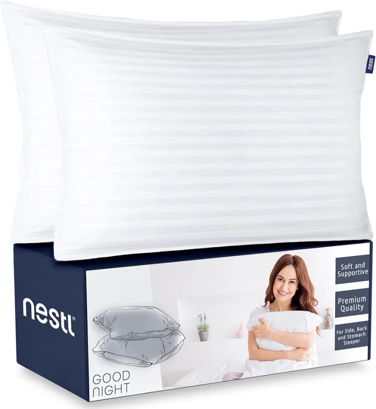 Nestl Bed Pillows for Sleeping - Down Alternative Sleep Pillows Queen Size Set of 2-100% Cotton Pillow with Polyester Fiber Filling - Soft and Fluffy Pillow 20 x28 Inches