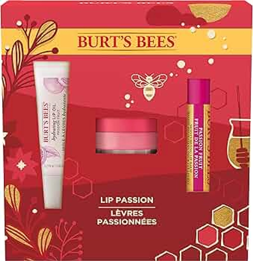 Burt's Bees Christmas Gifts, 3 Lip Care Stocking Stuffers Products, Lip Passion Set - Passionfruit Moisturizing Lip Balm, Overnight Intensive Lip Treatment & Hydrating Lip Oil
