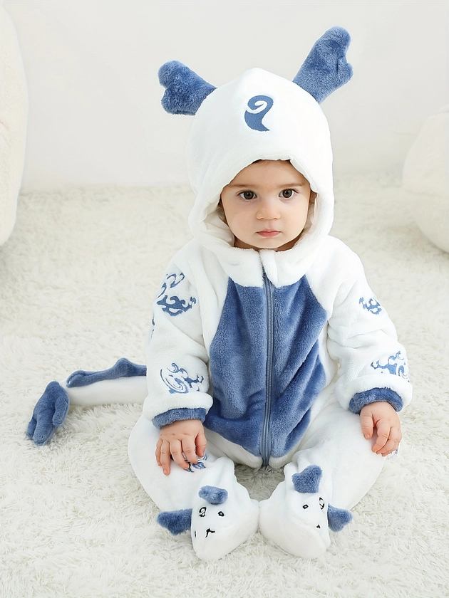 Little Dragon Shape Cute Hooded Party Casual Jumpsuit, Toddler Baby&#39;s Zip Up Fleece Romper