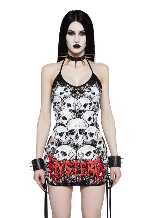 Widow Metal Skull Bones Slashed Bodycon Mini Halter Dress - Black