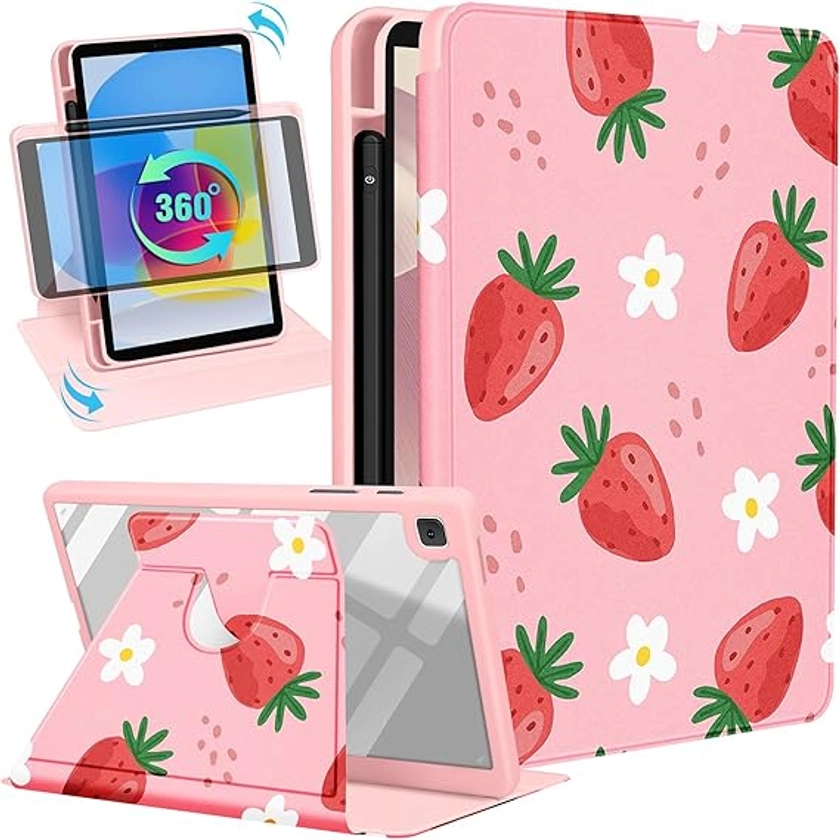 for Samsung Galaxy Tab A7 Lite Case 8.7 Inch Folio Cover with Pencil Holder Women Cute Girls Kids Girly Strawberry Kawaii Pretty Unique Design Rotating Stand for Samsung Tablet A7 Lite Cases