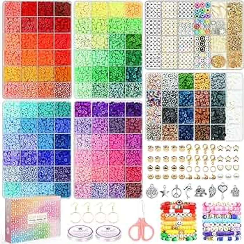 Paodey 20,000 Pcs Clay Beads Bracelet Making Kit, 120 Colors 6 Boxes Polymer Beads Spacer Heishi Beads & Jewelry Kit with Pendant Charms Elastic Strings, Crafts Gift for Kids Adults