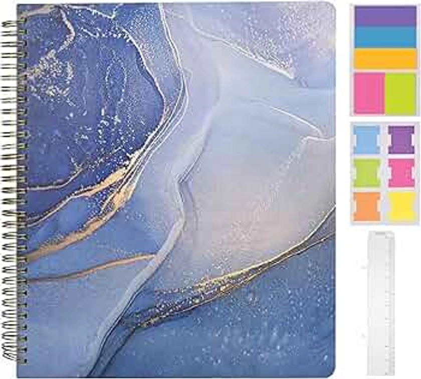 Cute Large Spiral Notebook, 11" x 9.5" Journal with Durable Hardcover and 160 College Lined Pages- 100 gsm Thick Letter Size Paper(Blue Marble)