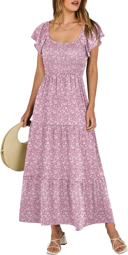 ANRABESS Women's 2024 Summer Casual Flutter Short Sleeve V Neck Smocked Elastic Waist Tiered A Line Maxi Dress