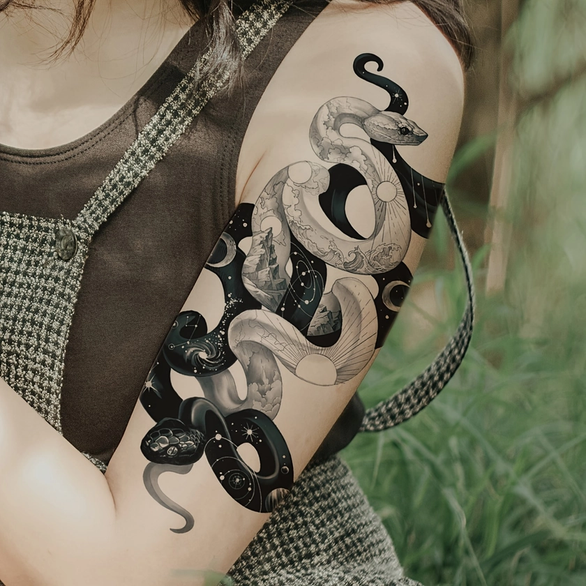 Waterproof Black and White Double Snake and Flower Arm Tattoo Stickers - Lasts 2-5 Days - Perfect for Men and Women