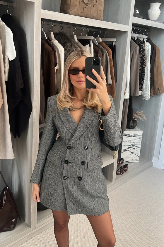 Herringbone Tweed Cinched Waist Double Breasted Blazer Dress