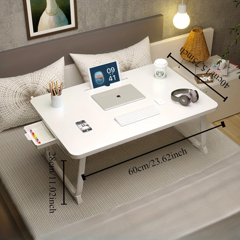 1pc -23.43 inches long, 15.55 inches wide, and 11.02 inches high multifunctional foldable laptop desk, with drawers, cup holders, card slots - metal frame portable study desk, used for beds and sofas