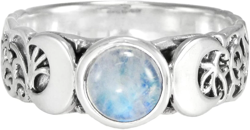 Sterling Silver Triple Crescent Moon Goddess Ring with Rainbow Moonstone (Sizes 4-15)