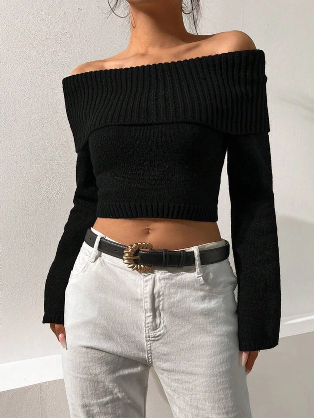 Foldover Off Shoulder Crop Sweater