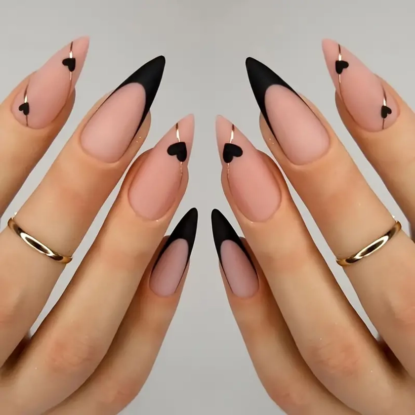 Heart Press Nails French Pointed Tips Nails Black Nude - Temu