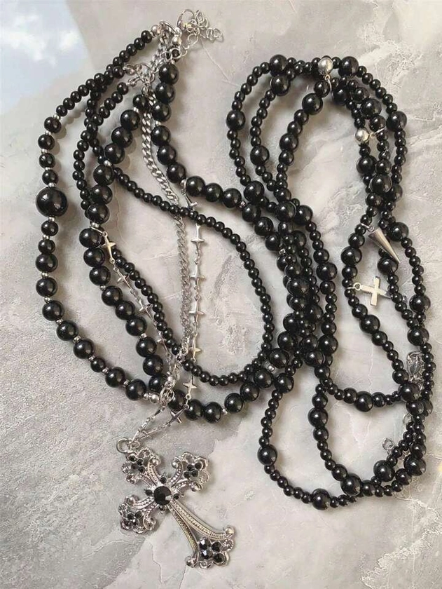 Collier de perles noires à 6 couches avec perles de tailles différentes, rivets, chaîne étoilée, pendentif croix en strass, bijoux de haute qualité à la mode personnalisés pour femmes et hommes