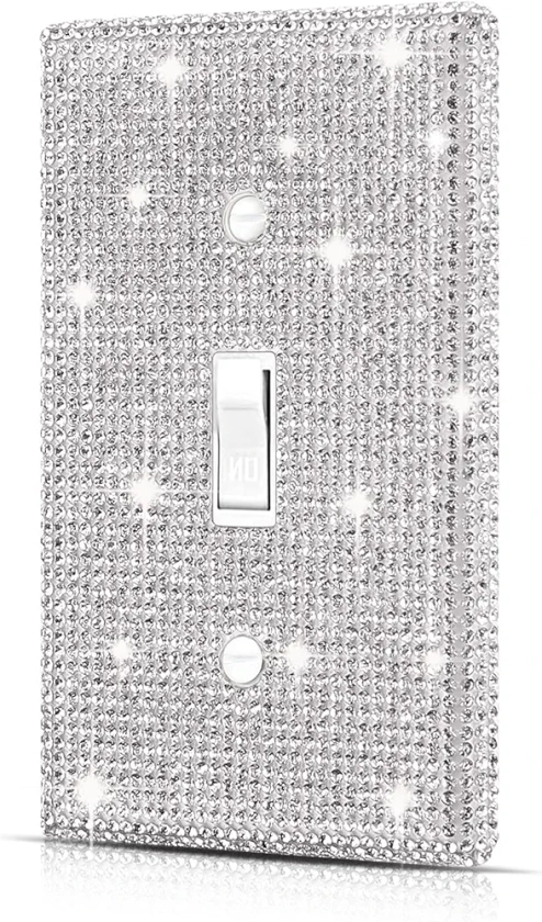 Wall Plate Light Switch Cover, Standard Size 4.50" x 2.76", Dengduoduo Silver Rhinestones Bling Decorative Wall Plate Light Switch Outlet Cover for Bedroom Accessories Home Decor (Single Gang Toggle)