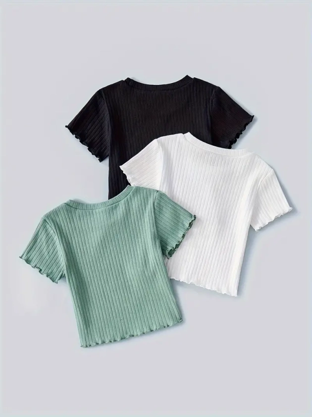 3pcs, Girls Comfy 93.2% Cotton Short Sleeve Frill Trim T-shirt Set Comfy Tees For Summer Gift Party