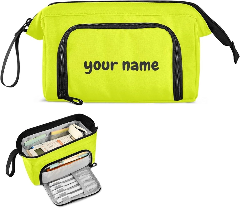 Custom Pencil Case Neon Yellow Customized Large Capacity Pen Pouch for Girls Boys, Pouch Bag Pen Boxes Stationery Pouch Zipper for Teens Adults Student