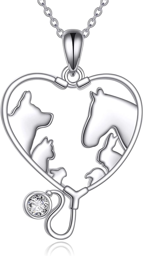 YFN Veterinary Necklace Sterling Silver Vet Techs Pendant Veterinarian Stethoscope Jewelry Gifts for Women