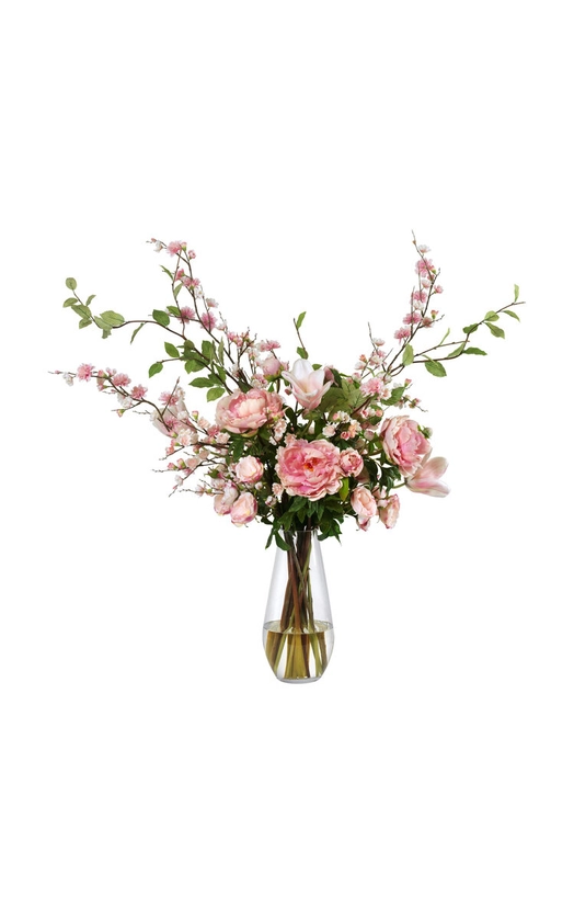 Pink Blossoms, Tulips and Roses in Teardrop Vase