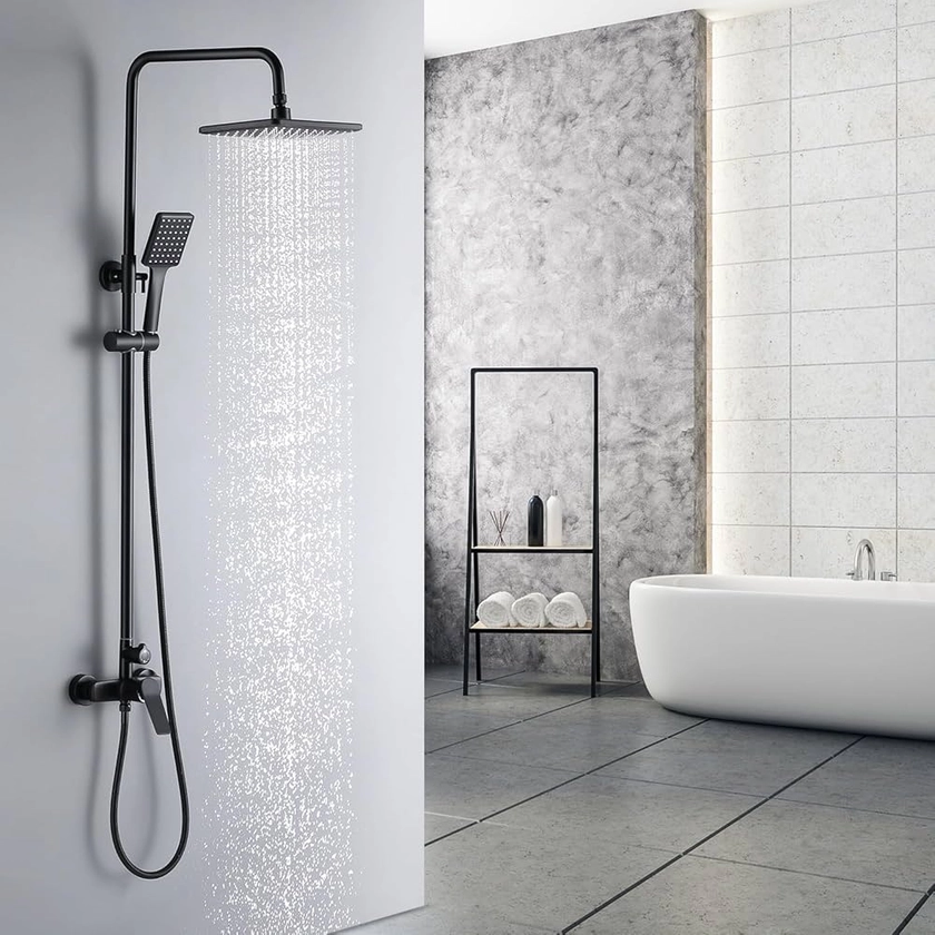 Auralum Colonne de Douche avec Mitigeur Noir Hauteur Réglable 90-124cm, Mitigeur Douche avec Douchette et Pommeau de Douche pour Salle de Bain