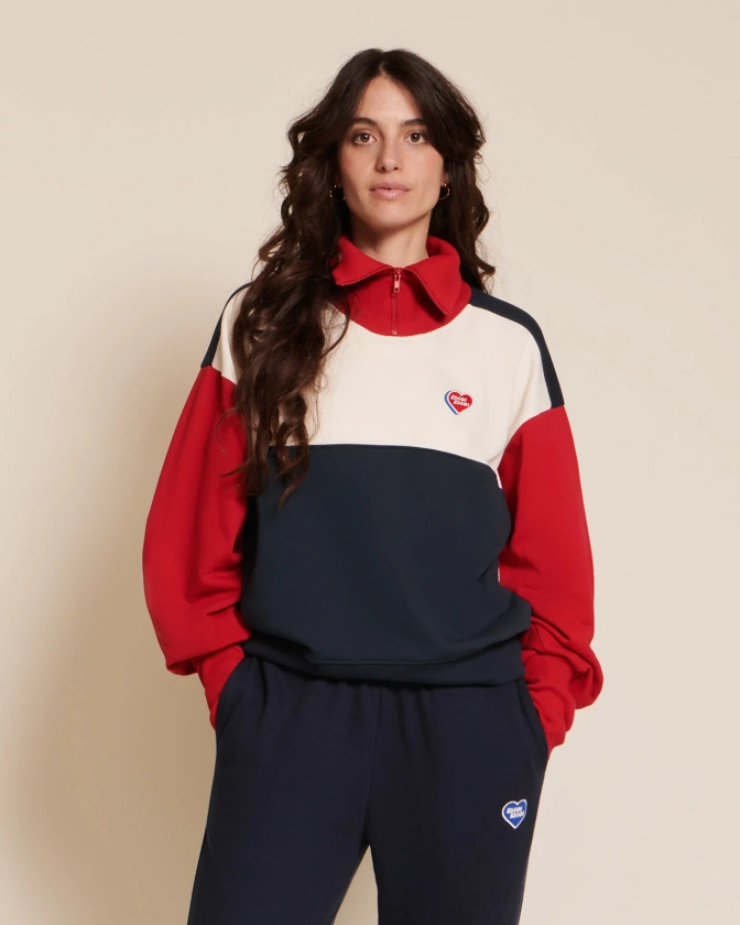 Le sweat Sundance en coton bio et col zippé - bleu / rouge