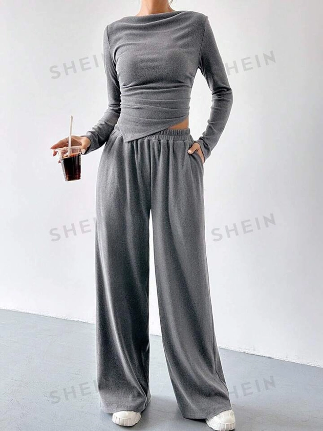 SHEIN EZwear T-shirt Plissé Uni Et Pantalon À Jambes Larges