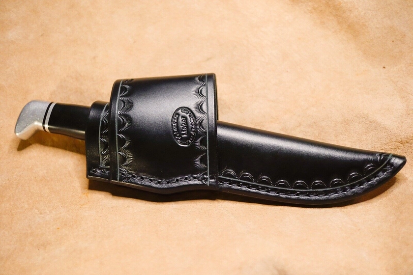 Custom Black Leather Crossdraw Sheath for Buck 105, SOG Seal Pup, Golden Spike