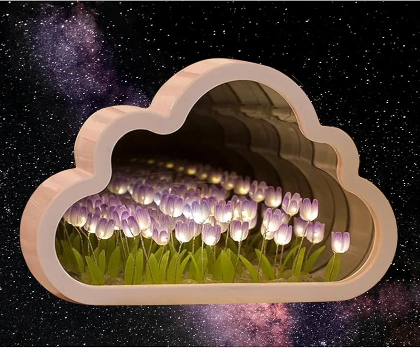 Tulip Mirror Lamp Lampara De Tulipanes, Fully Assembled Tulip Mirror Lamp, Cloud Night Light and Infinity Flower Mirror Design Espejo De Tulipanes, Purple