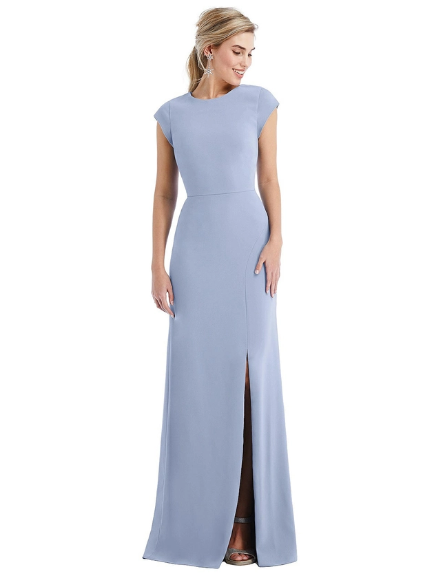 Cap Sleeve Open-Back Trumpet Gown with Front Slit