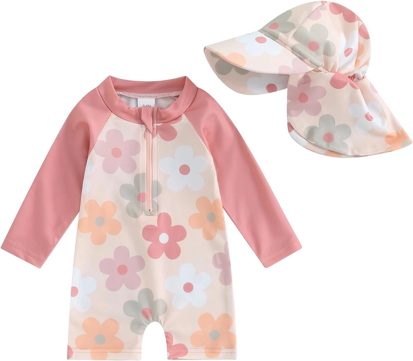 HodJIU Maillot de Bain Bébé Fille Anti-UV Combinaison Natation Piscine à Manches Longues + Chapeau de Bain Ensemble Swimwear Nouveau-né