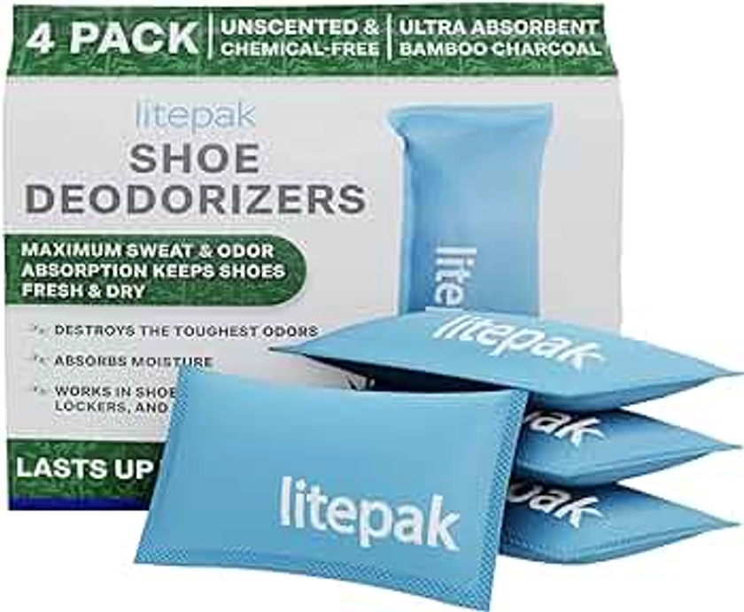 Litepak Shoe Deodorizer and Odor Eliminator Activated Charcoal Odor Absorber for Shoes and Gym Bags, Natural Bamboo Air Freshener for Boots, Closet Or Car (4 Pack)