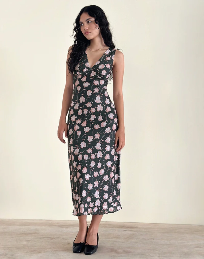 Gabriela Midi Dress in Falling Rose Jet Black