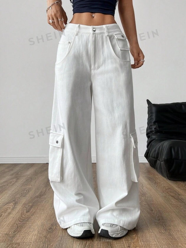 SHEIN EZwear Calças de tecido plano brancas para mulheres
