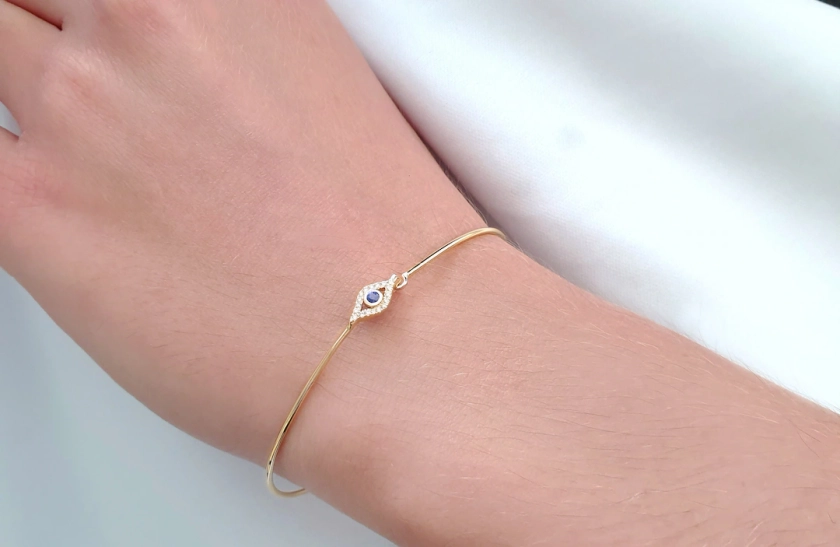 Diamond & Sapphire Evil Eye Bracelet in Solid Gold, Delicate Bezel Set Evil Eye Bangle, Unique Protection Dainty Eye Bracelet, Gift for Her - Etsy Ireland