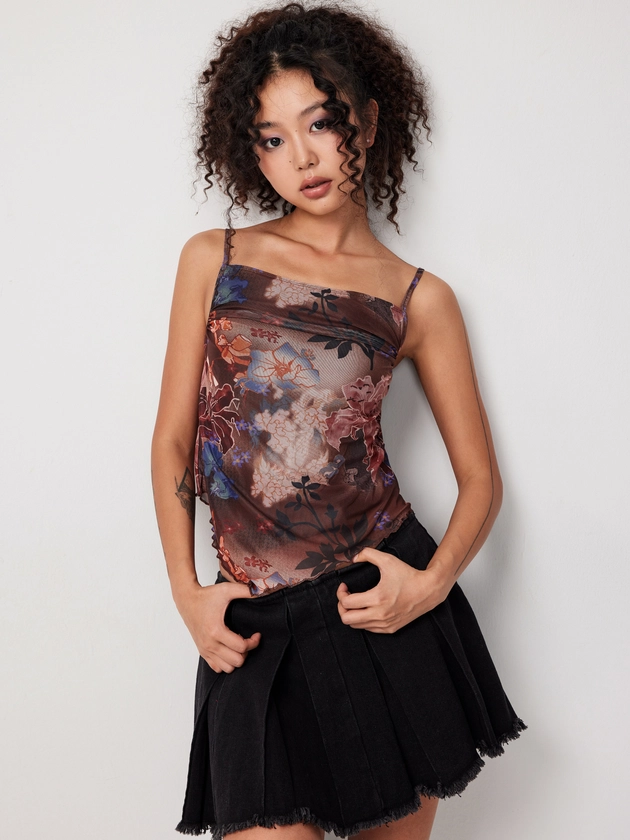 Mesh Floral Lettuce Trim Crop Top For Date